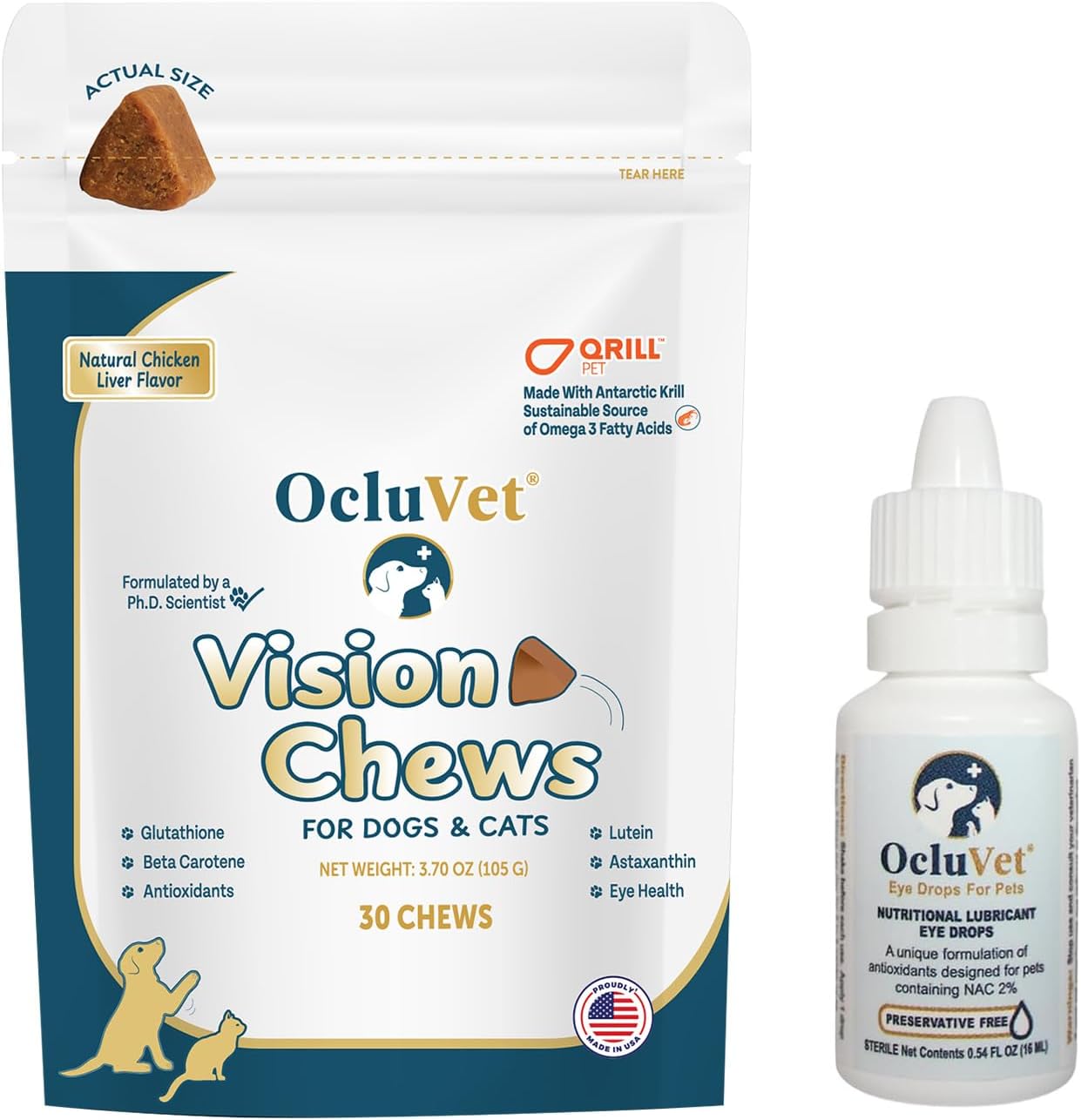 Bundle Eye Supplements for Dogs & Cats | Vision Chews with Omega-3 for All Ages | Includes 30 Chicken Liver Flavored Chews & Pet Eye Drops, 16 mL | Antioxidants & 2% NAC for Cataracts