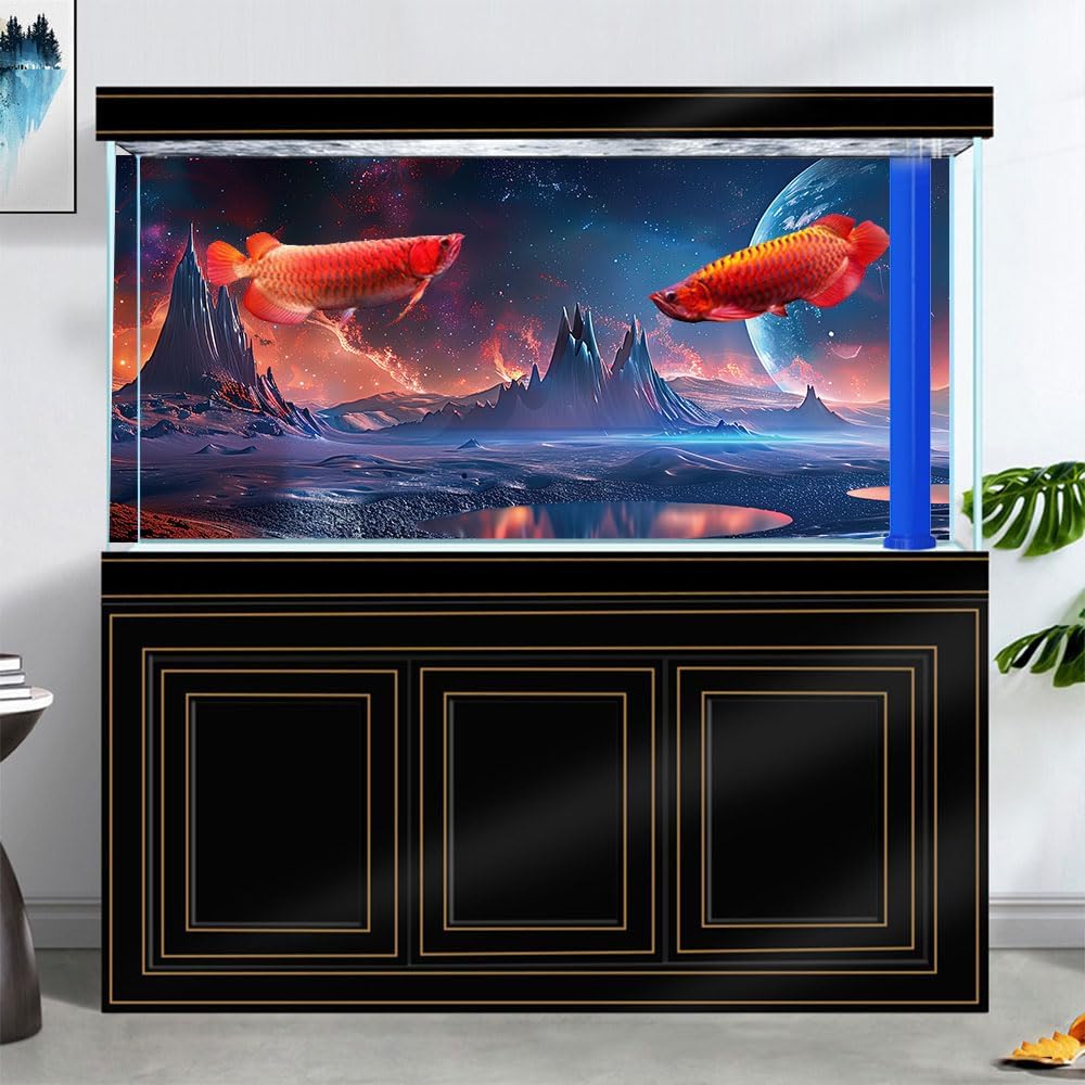 Scarlet Cosmic Aquarium Background,Cool Galaxy Parallel Space Themed Fish Tank Background, Tropical Desert Terrarium Background 36X24IN with 8 EVA Double-Sided Tape