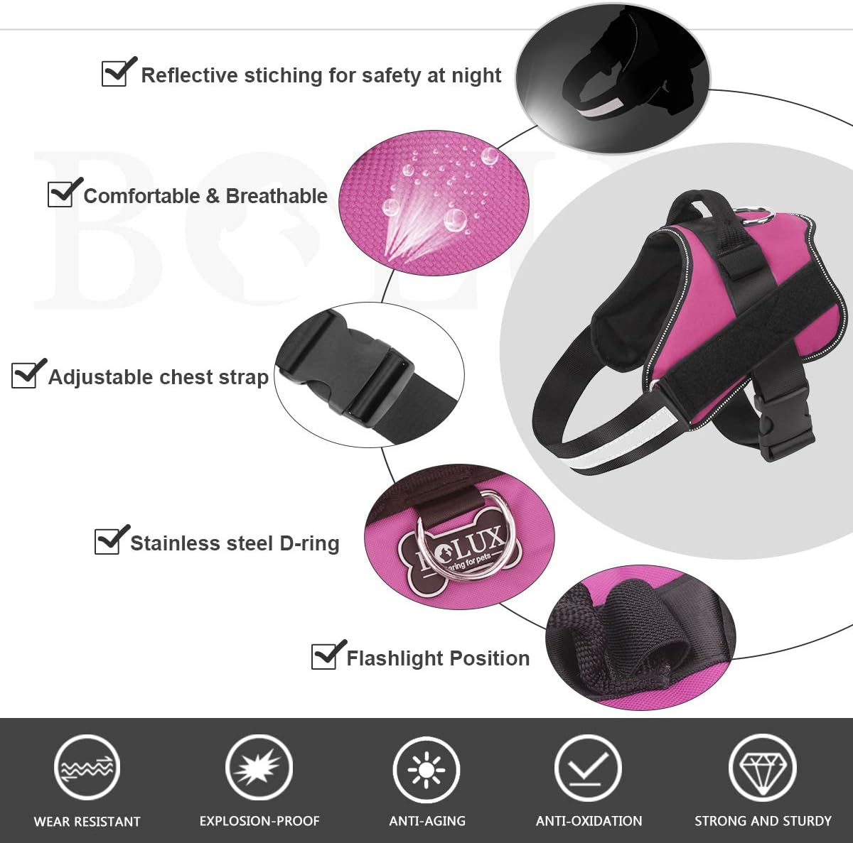 Bolux Dog Harness, No-Pull Reflective Dog Vest, Breathable Adjustable Pet Harness with Handle for Outdoor Walking - No More Pulling, Tugging or Choking (Rose red, M)