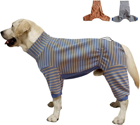 Dog Pyjamas PJS Sweater Clothes and Home Clothing Suitable for Medium to Large Breeds of Dogs, Dog Neutering Suits, Extra-Large Stretch Fabric, Four-Legged (Thickened Blue Stripes, 2XL)