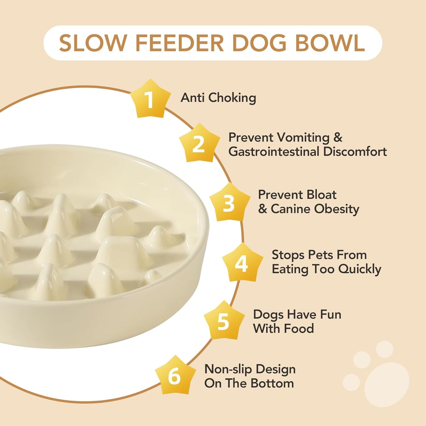 Ceramic 8.2 inch Dog Bowl Slow Feeder, Slow Pet Food Dish for Medium and Large Dog, Stop Bloat, Preventing Choking(Single Bowl, Beige)