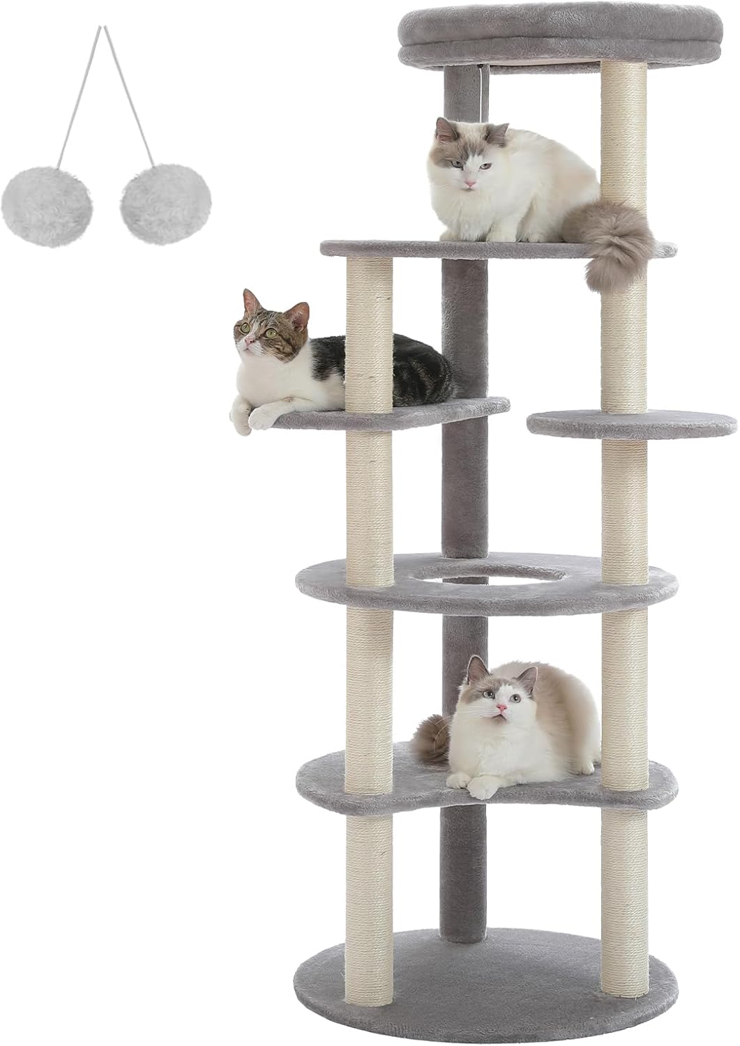 PETEPELA 61" Cat Tree for Indoor Cats, [6-Levels] Cat Climbing Tower with 9 Sisal Scratching Posts and Replaceable Dangling Ball &Top Perch, Grey