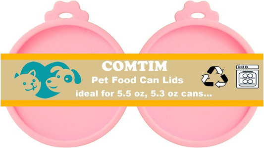 Comtim Cat Food Can Covers Lids for 5.5 oz Cans, 2 Pack Silicone Cat Food Can Lids for 5.5 oz 5.3 oz Cans...Pet Food Can Covers Reusable Can Toppers Savers for Wet Food (Pink)