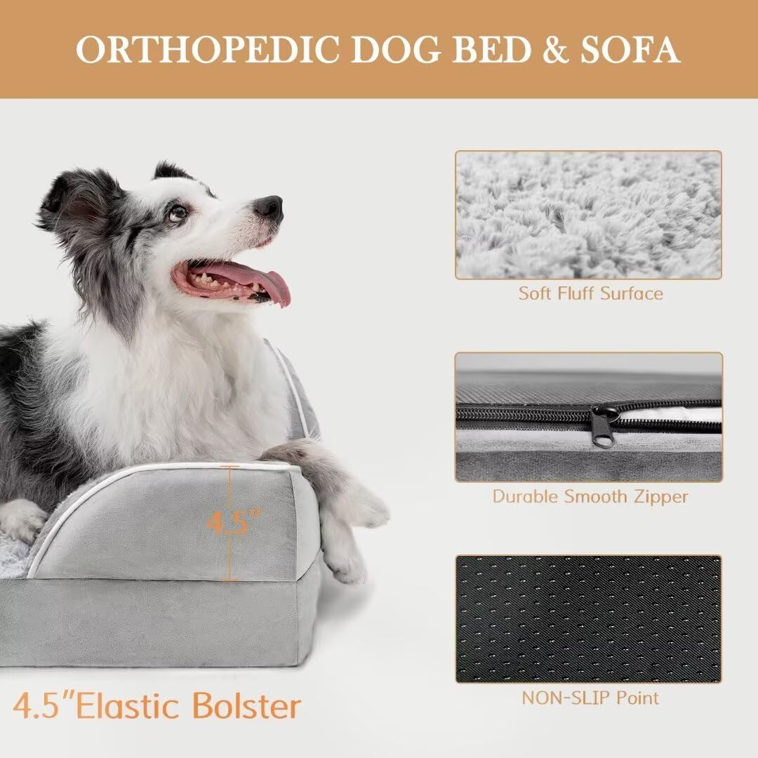 Comfort Expression Orthopedic Memory Foam Dog Bed, Waterproof Dogs Beds Large Sized, Washable Cooling Dogs Beds with Removable Cover, Pet Sofa with Bolster(Large,Light Grey)