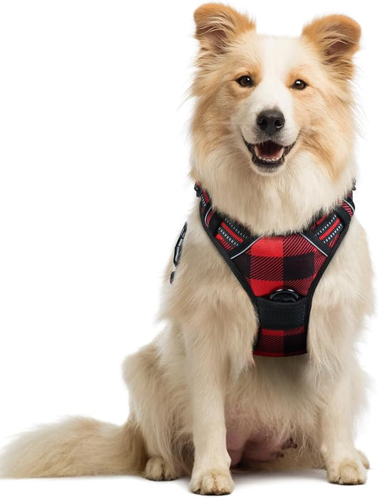 rabbitgoo Dog Harness No Pull with 2 Leash Clips, Adjustable Soft Padded, Reflective Oxford No Choke Pet Vest with Easy Control Handle for Medium Sized Dogs, Red Plaid, M