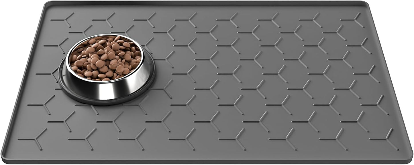 Pieviev Dog Cat Food Bowl Mat, Silicone Waterproof Food Grade Pet Food Mat for Floor, High Raised Edge to Prevent Spills, Non-Slip & Easy Clean Pet Placemat for Dog & Cat Bowls, 34''x22'', Dark Gray