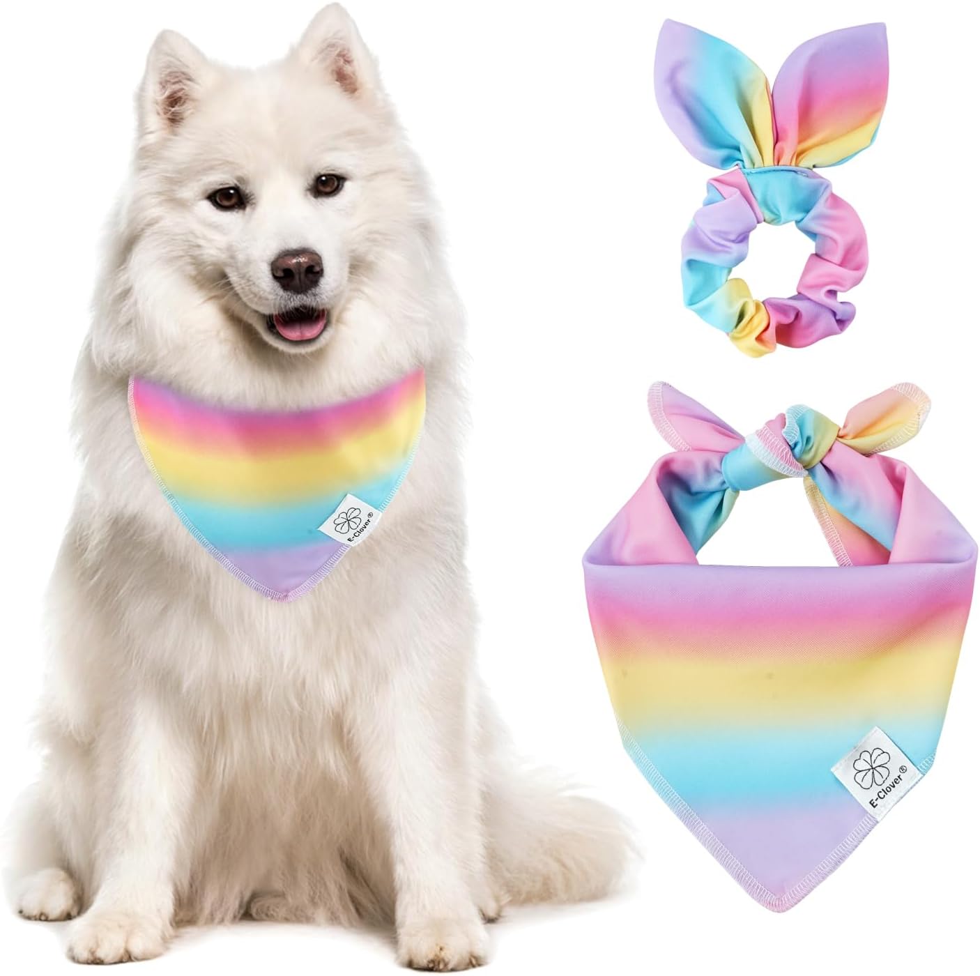 E-Clover Rainbow Dog Bandana & Matching Scrunchie Pink Purple Yellow Pet Dog Scarf Cute Dog Costumes Accessories for Small Medium Large Dogs