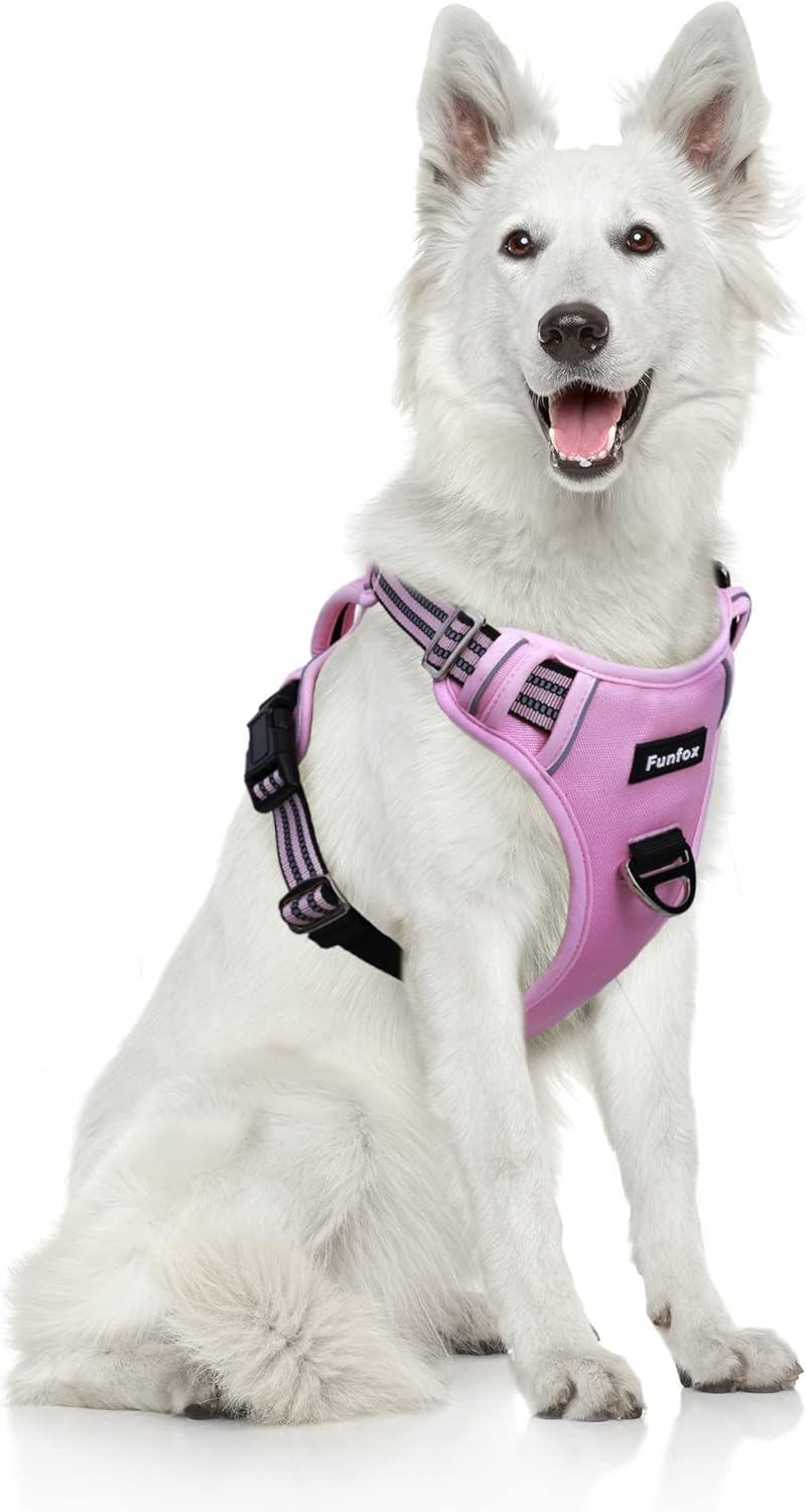 Funfox Dog Harness No Pull, Adjustable Pet Vest Harness, Super Soft Material with Vertical Handle Easy Control, Reflective Night Walking, 2 Leash Clips for XLarge Dogs, Pink, XL