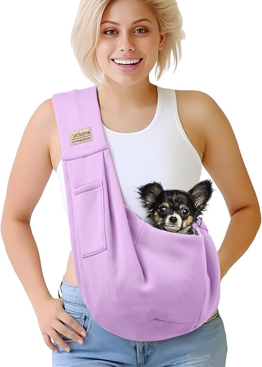 Pet Dog Sling Carrier for 3-10 lbs pet,Dog Purse Pouch,Dog Satchel,Reversible unadjustable Strap Travel Hand-Free Safe Bag Small Puppy Backpack (Lightpurple)
