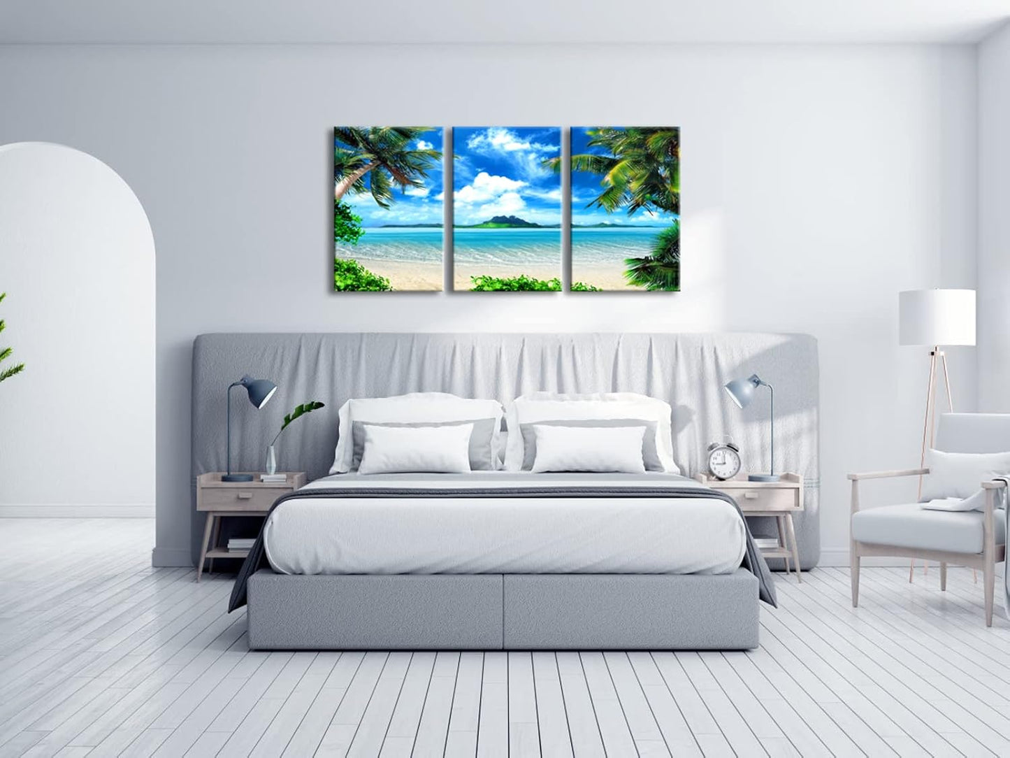 Wieco Art 3 Piece Blue Sea Beach Canvas Prints Modern Stretched Wall Art Seascape Pictures Paintings for Living Room Bedroom Home Decorations Modern Landscape Artwork