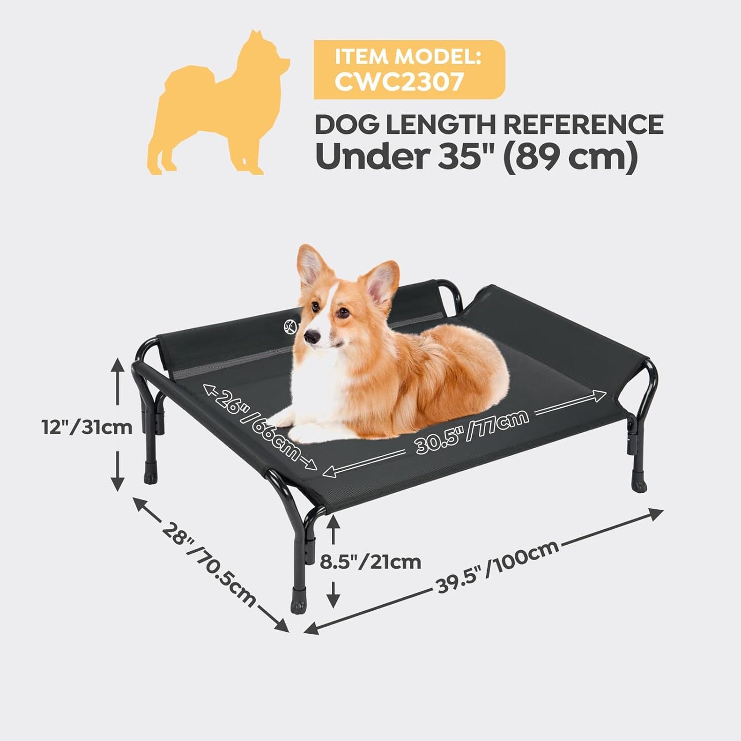 Veehoo Cooling Elevated Dog Bed, Raised Pet Cot with Guardrail & Slope Headrest, Durable Breathable Teslin Mesh, Non-Slip Feet, Washable Dog Couch Bed for Indoor & Outdoor, Medium 39.5" x 28", Black