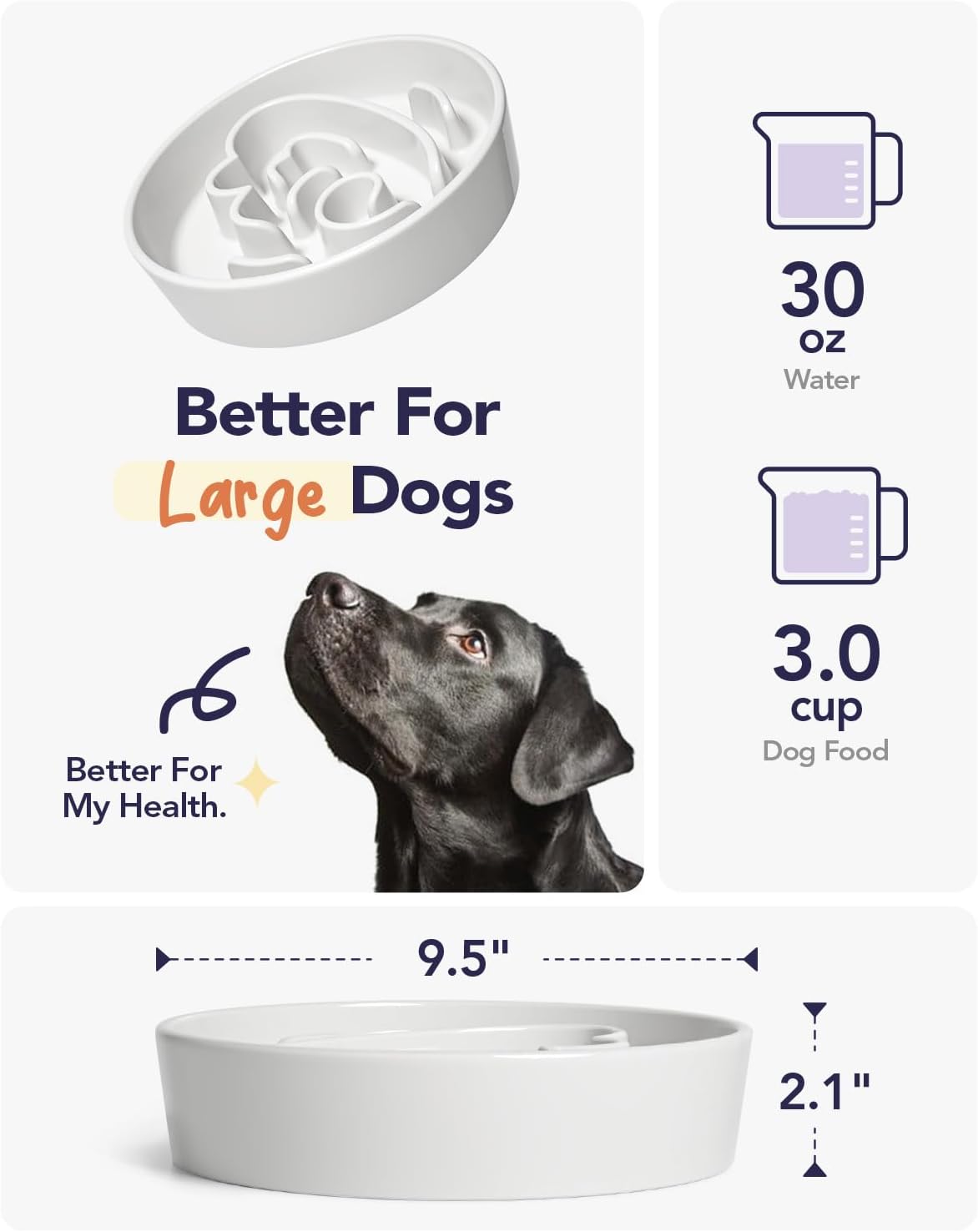 LE TAUCI Slow Feeder Dog Bowls Ceramic,3 Cups Slow Feeding Dog Bowl Medium Large Breed, Pet Bowl for Fast Eaters, Puzzle Pet Dishes, Angle White