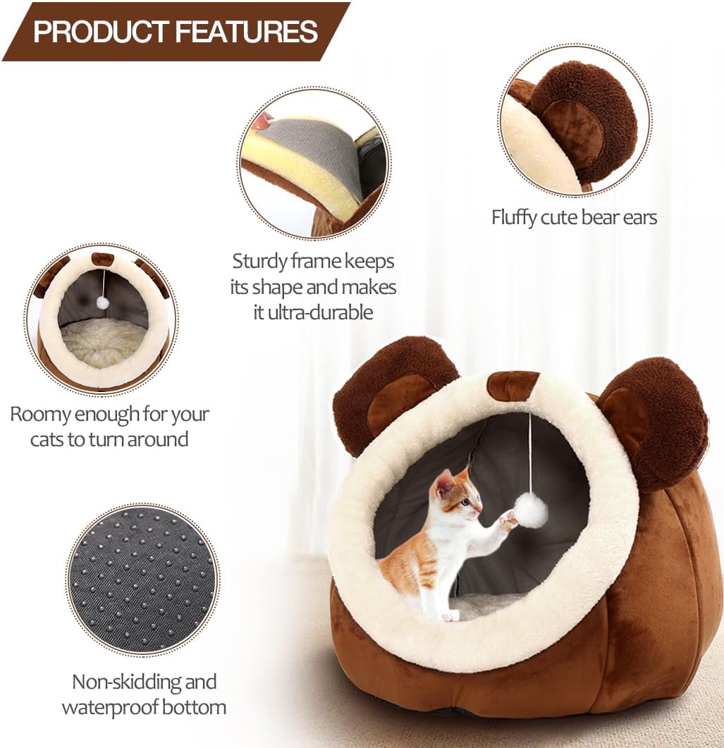 Cat Beds for Indoor Cats - Cat Bed Cave with Removable Washable Cushioned Pillow, Soft Plush Premium Cotton No Deformation Pet Bed, Roomy Bear Cat House Design, Multiple Sizes-L