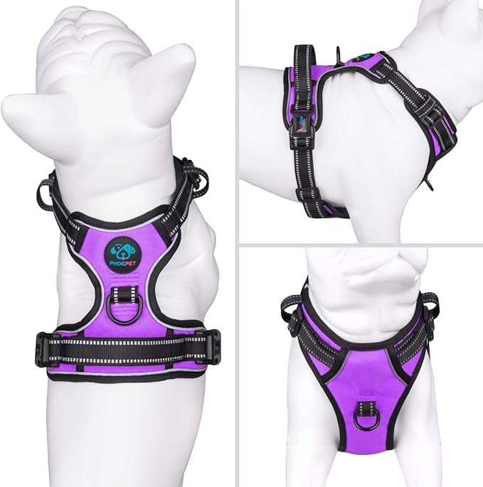 PHOEPET No Pull Dog Harness Medium Reflective Front Clip Puppy Vest with Handle,Adjustable 2 Metal Leash Attachment Hooks(M, Purple)
