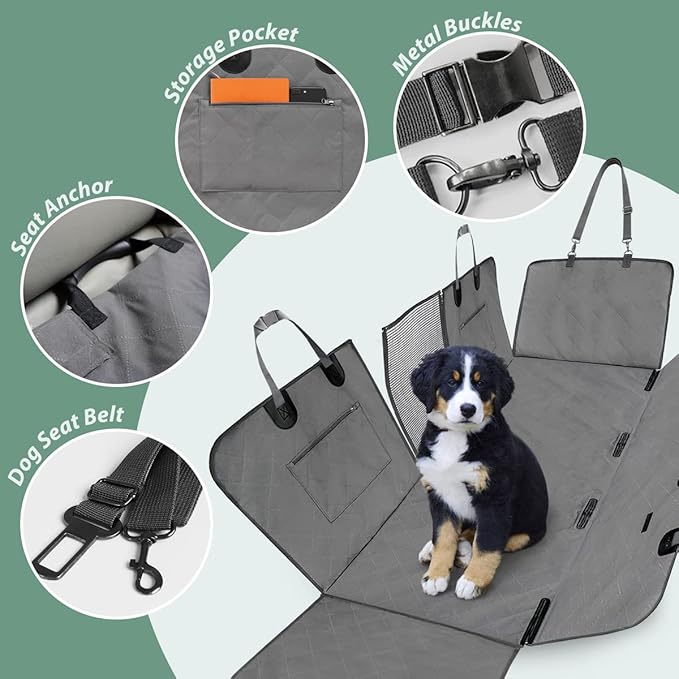 Dog Car Seat Cover for Back Seats 100% Waterproof with Metal Buckle Mesh Window Scratch Proof Heavy Duty Rear Backseat Protector Hammock for Pet, SUV Truck Vehicle Accessories, 54" x 58", Grey