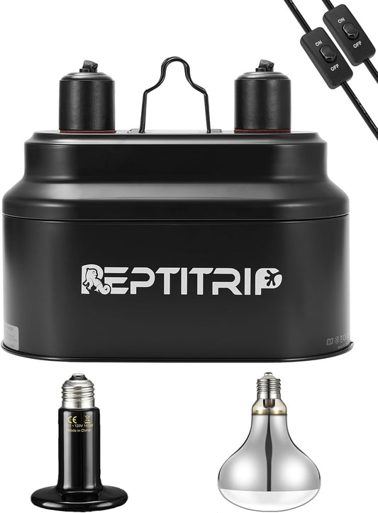 Dual Reptile Light Fixture with 100W Full Spectrum UVA UVB Light Bulb & 100W Nighttime Ceramic Heat Emitter, 2 Independent Switches, Reptile UVA UVB Light Combo Pack