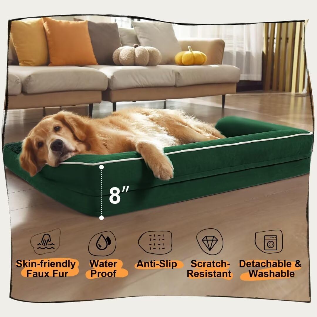 Large Dog Bed Orthopedic Washable - Waterproof Removable Cover - Medium XLarge Big Dogs - Egg Foam Couch - Emerald Dog Beds Bolster with Sides