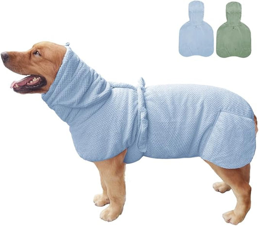 KOOGALSmall to Medium Size Dog Bathrobe, Quick Drying Super Absorbent Used for After Bathing, Warm Dog Towels, Adjustable Hoodies and Belts for Pet Dogs Bath Clothes Products(Blue Jacquard, L)