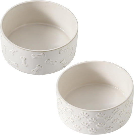 UBEE Ceramic Dog Bowl Set of 2, 6.1 inch Dog Food Bowl Dish with Bone Paw Pattern, Pet Food Water Dish Feeding for Small and Meidum Dogs and Large Cat, White