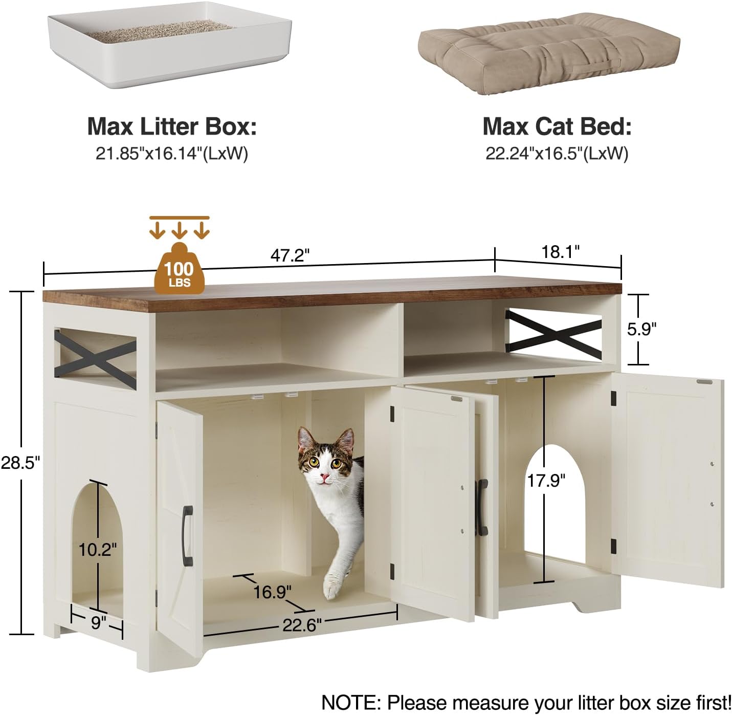 Cat Litter Box Enclosure for 2 Cats, 47" Hidden Litter Box Furniture Cat Washroom with Double Large Room, Farmhouse Indoor Litter Box Cabinet TV Stand, White