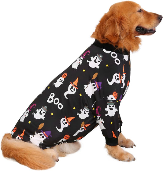 HDE Dog Pajamas One Piece Jammies Jumpsuit Pet Clothes Outfit Stretchy Lightweight Comfy Shirt Pjs for M-3XL Dogs Cute Ghosts - XL