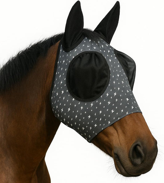 Horse Fly Mask - Equine Fly Mask with Full Coverage for Eye & Ear - Stretchable, UV & Sun Protection Flymask for Horses, Ponies & Mini Horses - Horse Face Cover for Pasture & Trail - Lightning