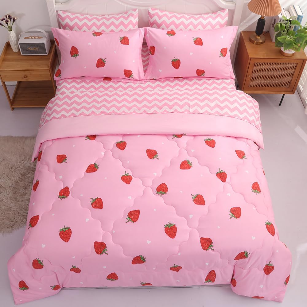 Strawberry Comforter Bedding Set Full Size for Girls 7 Piece Pink Kawaii Comforter Set Bed in A Bag for Kids Teens All Season (1 Comforter,1 Flat Sheet,1 Fitted Sheet and 4 Pillow Sham)