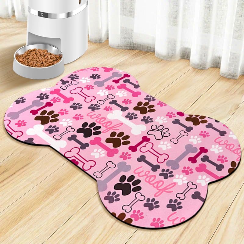 Dog Food Mats for Floors Waterproof, Pet Feeding Absorbent Water Bowl Mat Cat Placemats Pink Bone Shape 19 * 12 inch