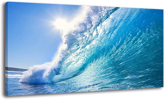 Rolling Ocean Waves Surfing Graphic Canvas Wall Art For Bedroom,Blue Tropical Seascape Artwork Decor,Rolling Wave Sea Landscape Picture Print Painting,Bracket Fixed Ready To Hang,Inner Frame (30x60)
