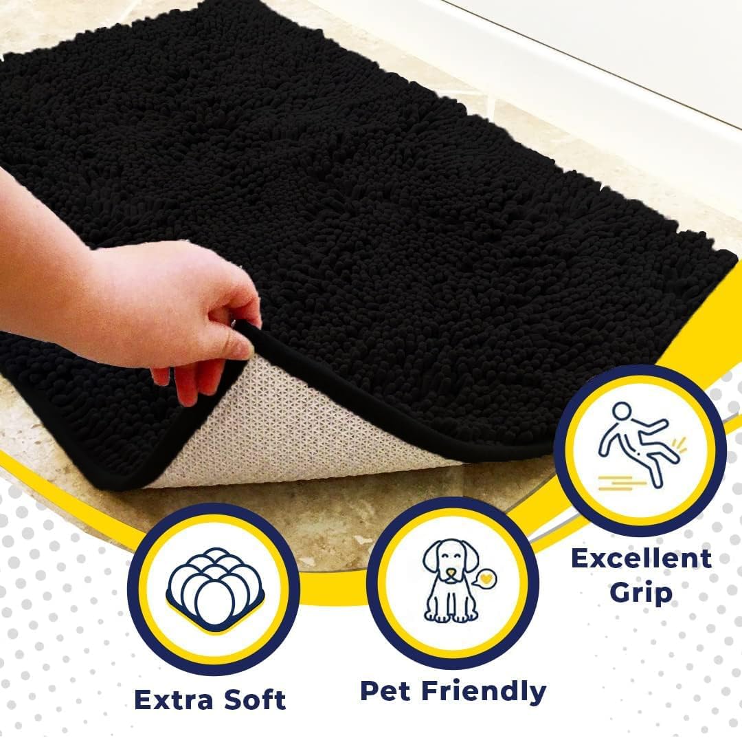 Muddy Mat® Shown on TV – Super Absorbent Microfiber Dog Door Mat for Muddy Paws, Non-Slip Washable Pet Rug, Quick Dry Chenille Entryway Carpet, Machine Washable Indoor Outdoor mat, Black 30"x19"