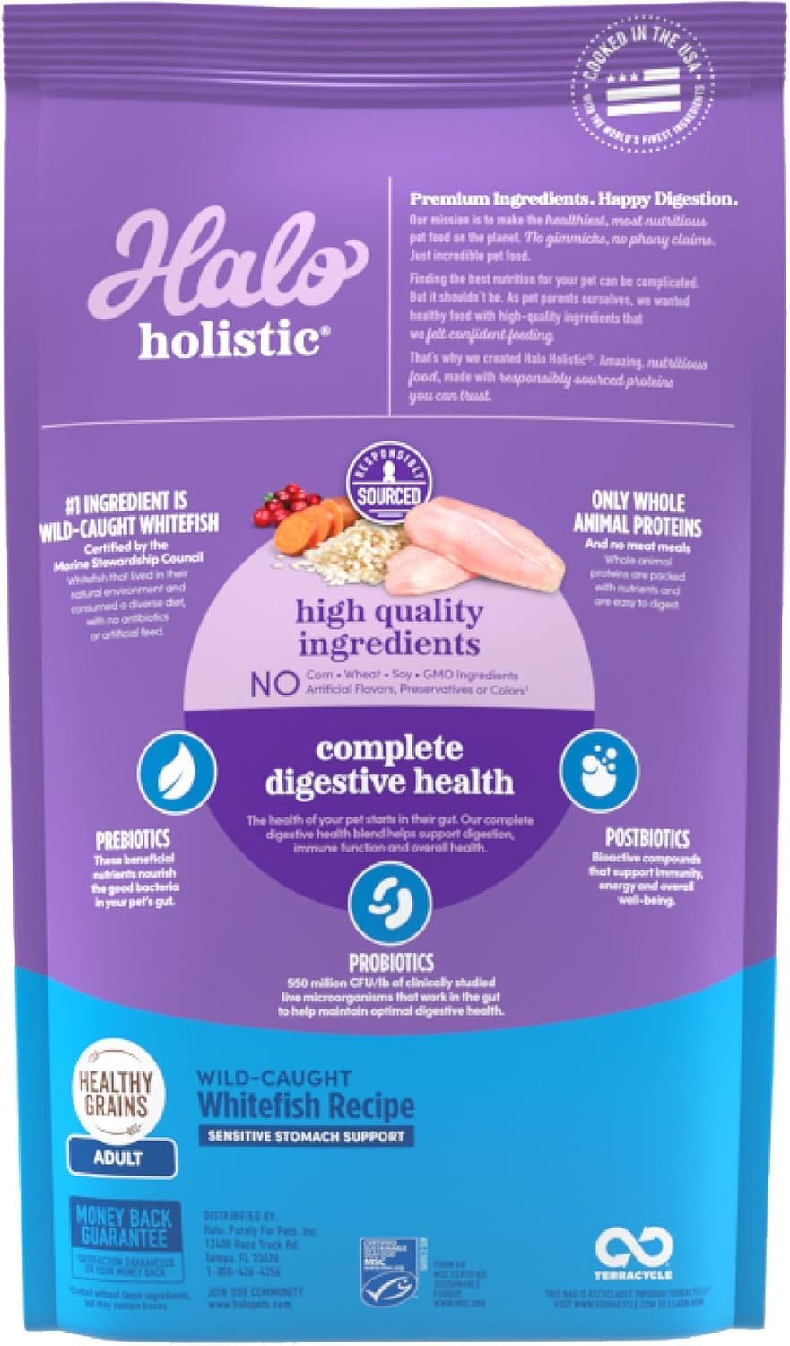 Halo Holistic Cat Food Wild Caught Salmon & Whitefish Formula, Healthy Grains Dry Cat Food, For Sensitive Stomach Support, Kibble for Adult Cats, 6 lb Bag