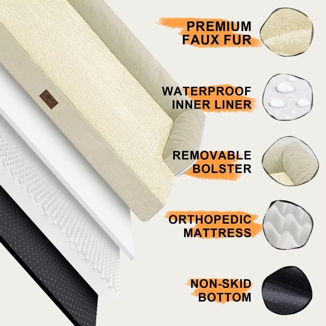 Large Dog Bed Orthopedic Washable - Beds Bolster Pet - XXXL Large Big Dogs - Memory Foam - Couch Sofa Bed- Waterproof with Removable Cover - Beige Dog Bed