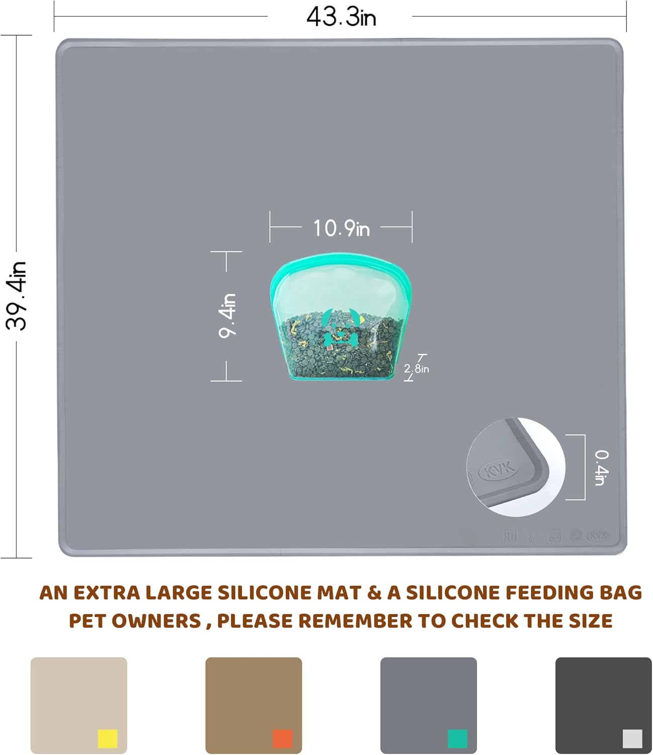 KVK Extra Extra Large Silicone Dog Food Mat 39.4×43.3in and 128oz Silicone Bag Set, Super Size Waterproof Pet Feeding Mat & Container, Non-Slip, Chew-Resistant Floor Protection (Cool Grey&Teal)