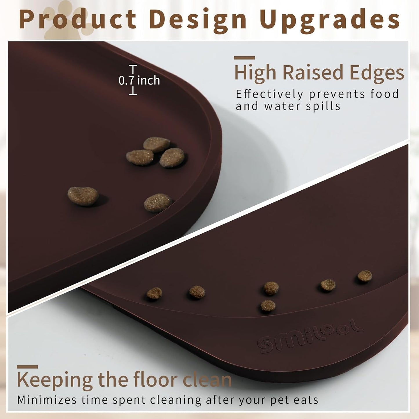 Silicone Pet Feeding Mat with Raised Edge & Residue Collection Pocket for Food and Water, Dog Bowl Mats, Cat Bowls Placemat with High Lip for Floor Waterproof, 19 x 12 x 0.7 Dark Brown