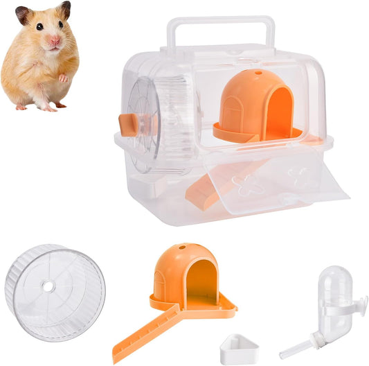 Portable Hamster Travel Carrier Cage,Outdoor Small Pets Breathable Cage,Multifunctional Guinea Pig Carrier with Water Bottles, Running Wheels, Ladders, Dodge Houses and Feeders (Orange, Style B)