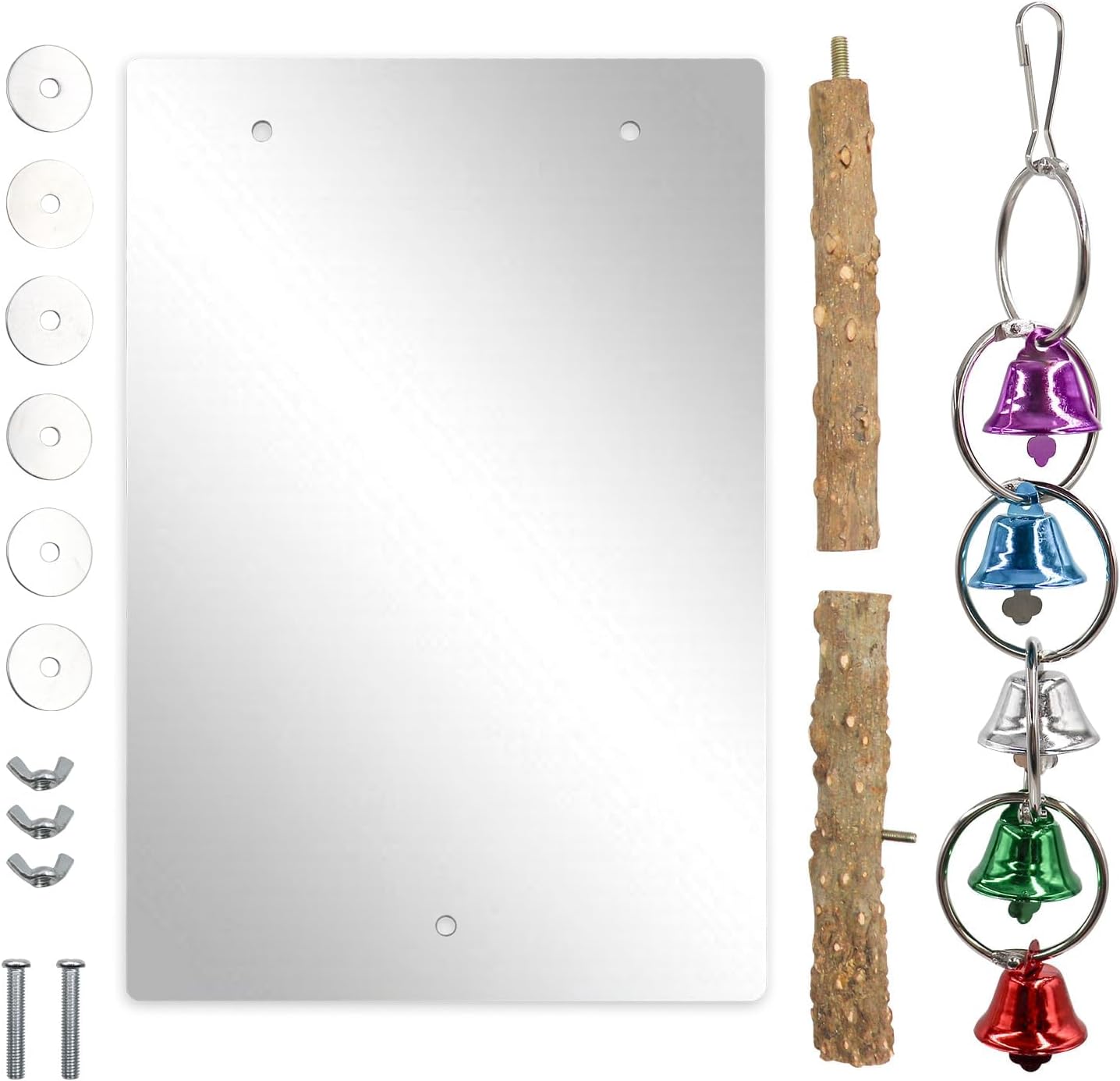 Bird Mirror Toy with Perch Stand, Parrot Parakeet Mirror with Bird Swing Bell Toys, Bird Cage Accessories, Suitable for Parakeet Cockatiel Conure Lovebirds - 7.9 × 6.3 Inch