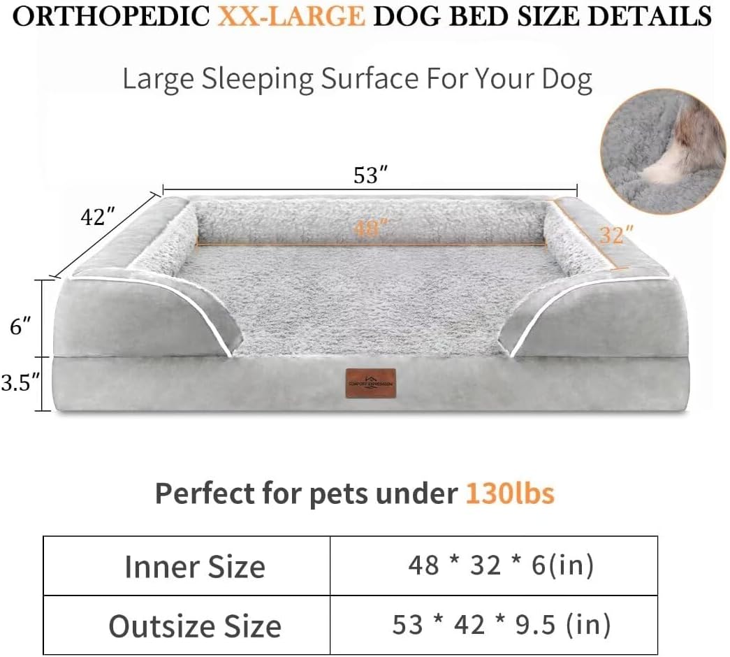 Comfort Expression XXL Dog Beds Waterproof for Extra Large Dogs, Orthopedic Memory Foam Dog Bed for Giant Dogs, Washable Pet Sofa Couch with Bolster & Removable Cover(XX-Large,Light Grey)