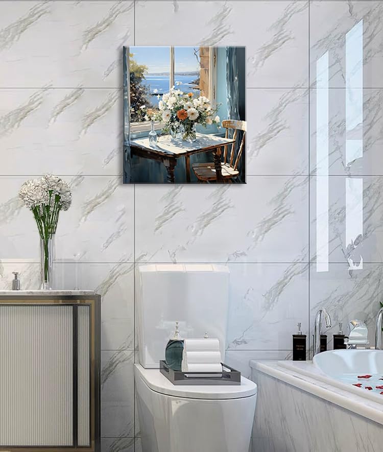 weiyiart Bathroom Decor Wall Art Coastal Floral Canvas Print Painting Daisy Flowers Sea Picture Farmhouse Ocean Seascape Artwork for Home Living Room Bedroom Office 16x24 inch