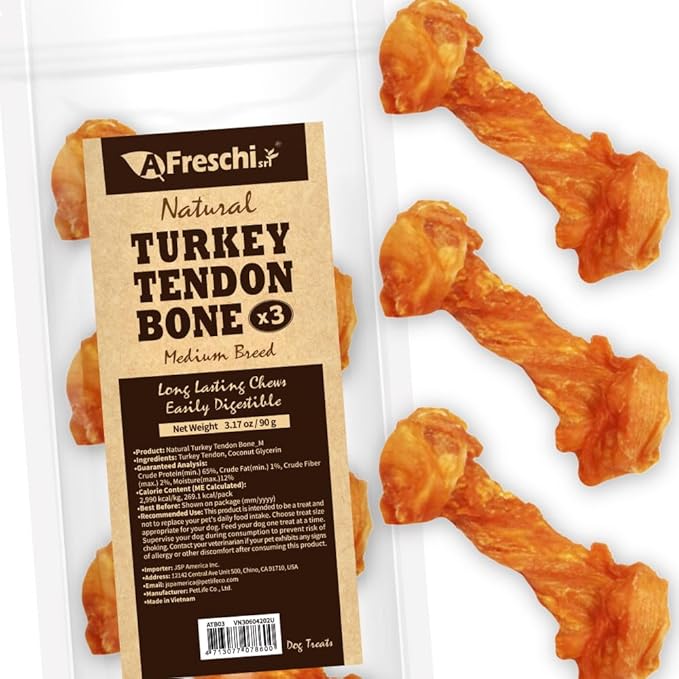 Afreschi Turkey Tendon Bone (M) 3.17 oz, USA-Sourced Turkey Tendon, All Natural Human Grade Dog Chew, Hypoallergenic, Rawhide Alternative, Dog Treats for Medium Breeds