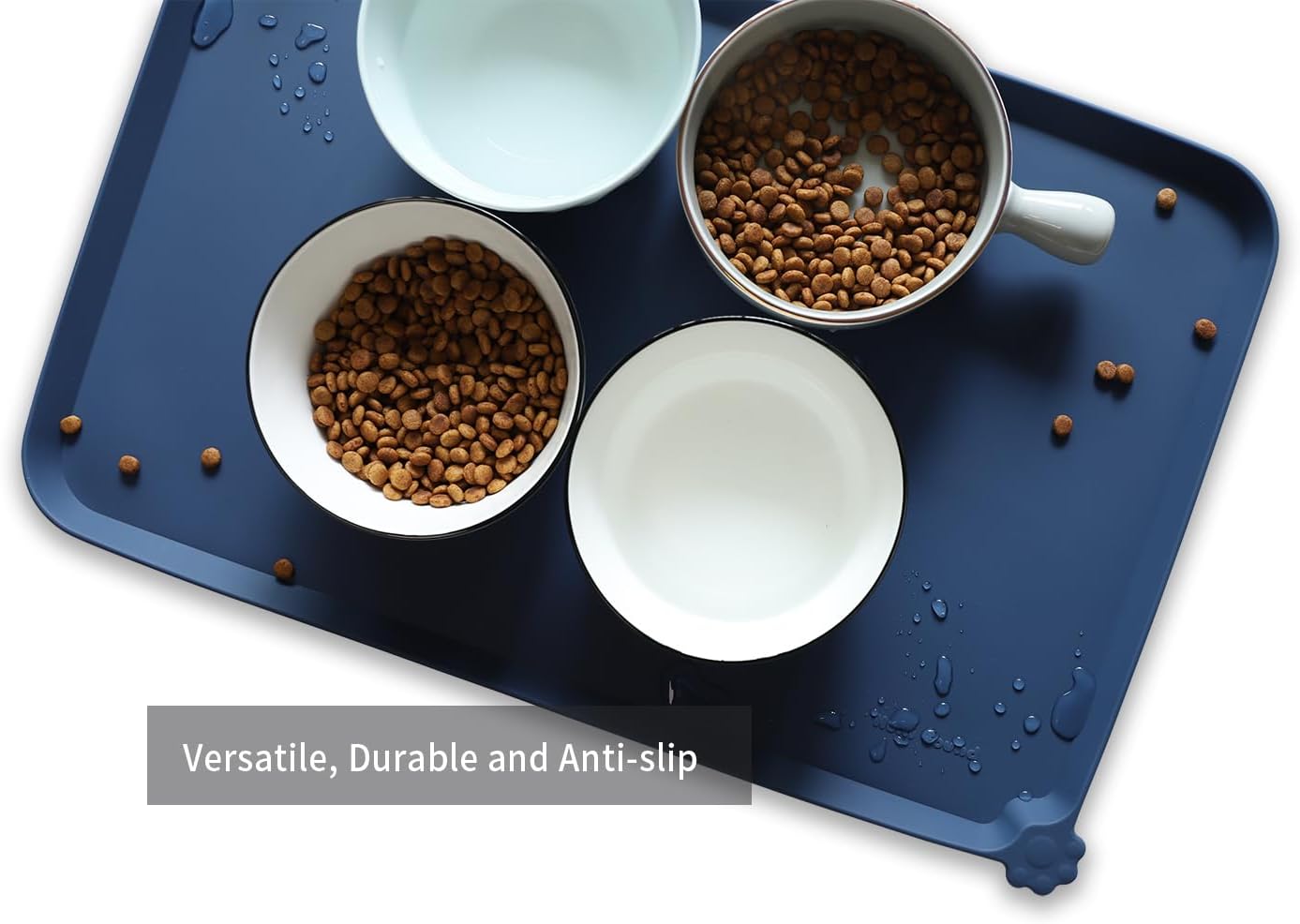 Hoki Found L Silicone Pet Food Mats with High Lips - Non Slip Cat Dog Bowl Placemats - Waterproof Cat Dog Feeding Mat - Indigo Ink