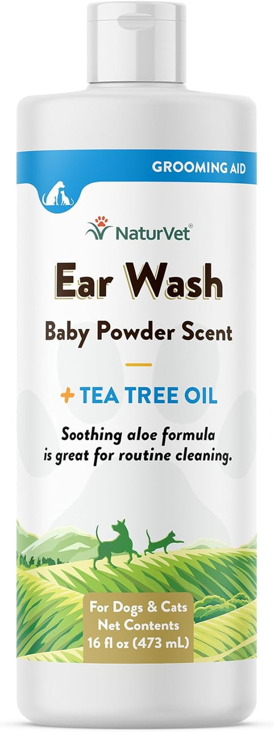 NaturVet Ear Wash Liquid Supplement for Dogs & Cats – Pet Health Supplement Cleans Dog, Cat Ear Canals – Includes Aloe, Tea Tree Oil – Helps Remove Pet Ear Wax, Dirt, Debris – 16 Oz.