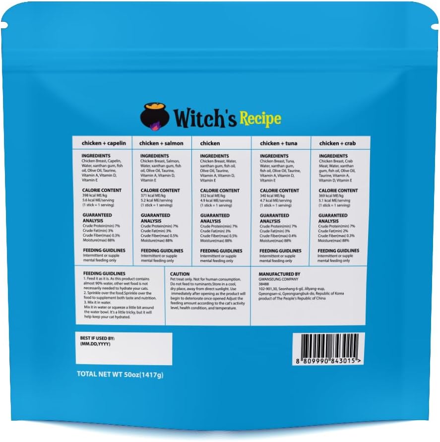 Witch's Recipe Lickable Cat Treats, Creamy Squeezable Puree, Grain-Free, 100 Tubes, Chicken Tuna Salmon goatmilk Capelin Flavors 0.5oz Each Tube