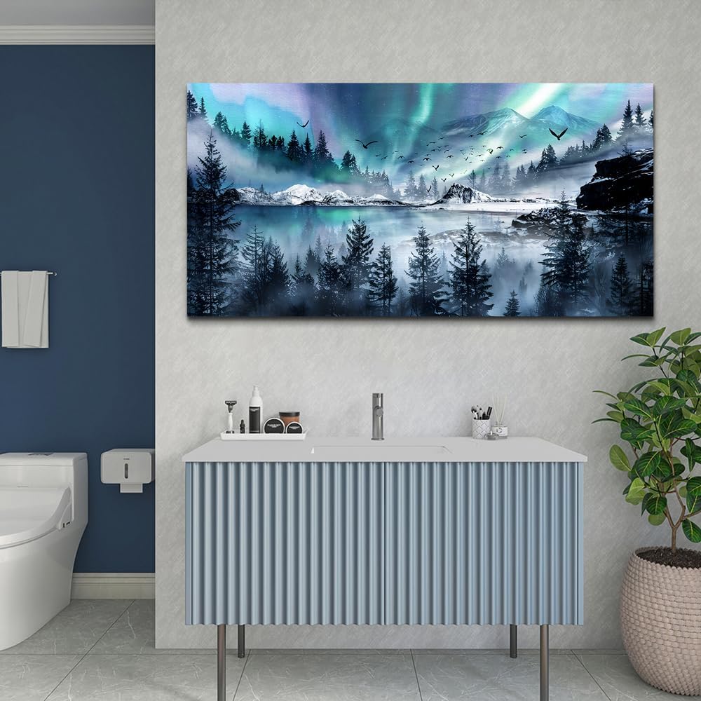 hyidecorart Modern Canvas Wall Art For Office Large Wall Decorations For Living Room Stretched And Framed Canvas Prints Paintings Blue Aurora Scenery Wall Pictures Artwork Hotel Mural Ready To Hang