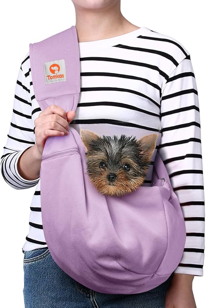 Tomkas Small Dog Sling Carrier - Zipper Pocket & Adjustable Strap - for 3-10 lbs Pets(Light Purple)