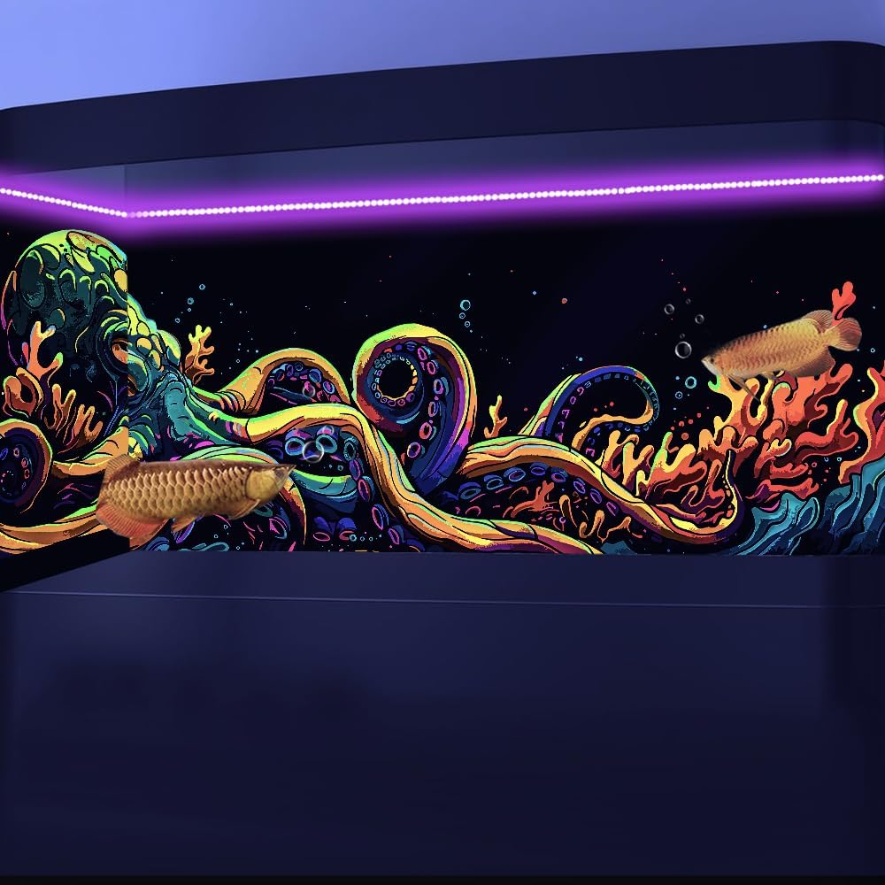 72X16IN Blacklight Octopus Sea Monster HD 3D Black Light Aquarium Background UV Reactive Background Terrarium Background with 10 EVA Double-Sided Tape
