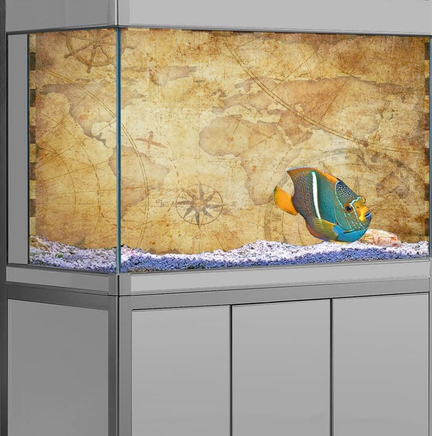 24X16IN Retro Old Travel World Map Terrarium Background, Art Parchment Pirate Treasure Map Reptile Habitat Background with 10EVA Double-Sided Tape