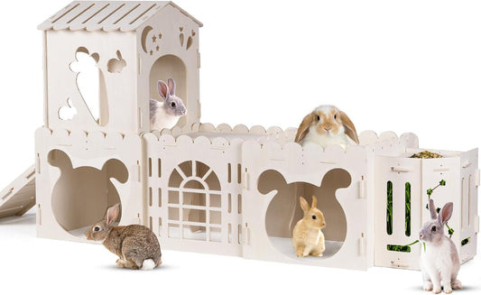Extra Large Rabbit House, Wooden Bunny House Hideout with 4 Houses and Hay Feeder Indoor, Rabbit Guinea Pig Hideout Multistory Climbing Tower Sturdy Wooden Castle, Small Animal Hideaway Tunnel