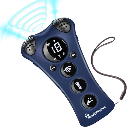 Ultrasonic Dog Bark Deterrent Device –10-Level Adjustable Anti Barking Trainer with Flashlight, Strobe, E-Clicker(18 Whistle Sounds)–No Shock, Collar-Free Dog Behavior Correction Devices