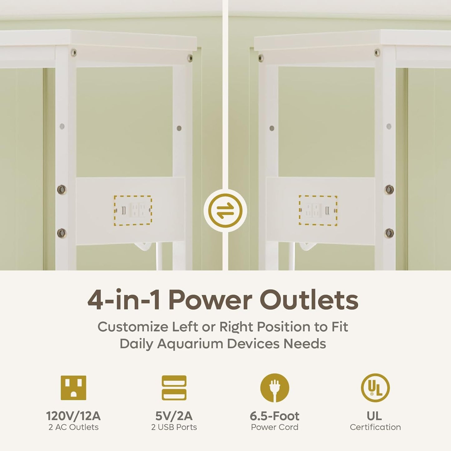 Bestier 20-29 Gallon Fish Tank Stand with Power Outlets, Metal Long Aquarium Stand with Storage Cabinet, 31x15 Reptile Terrarium Stand with Horizontal Gold Line, Stainless Hooks, 350 Lbs(White)