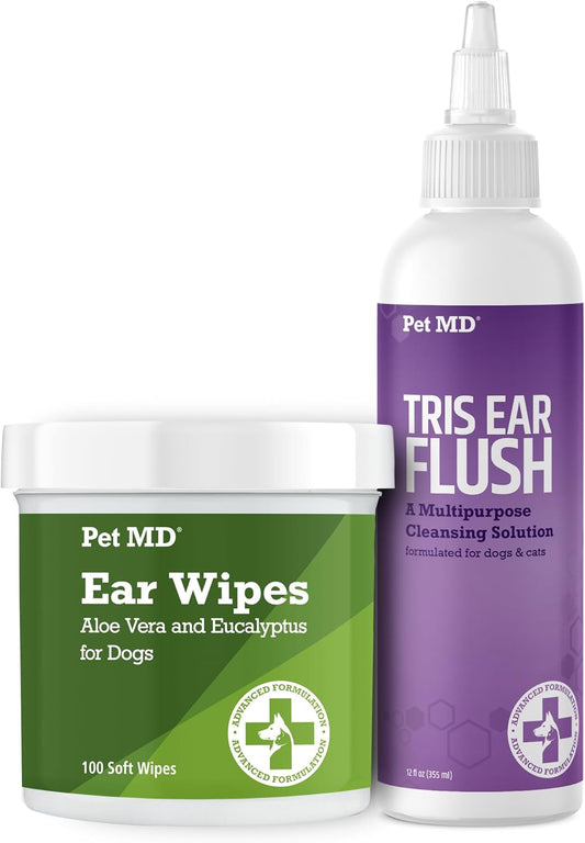 Pet MD Dog Ear Cleaning Wipes with Aloe and Eucalyptus + Veterinary Tris Flush Cat & Dog Ear Cleaner